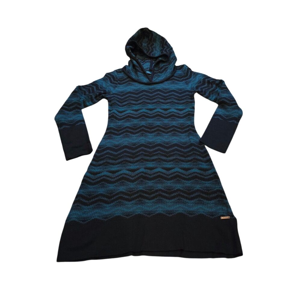 prAna Meryl Hooded Sweater Dress XS Black Jewel Tone Blue Green Long Sleeve GUC